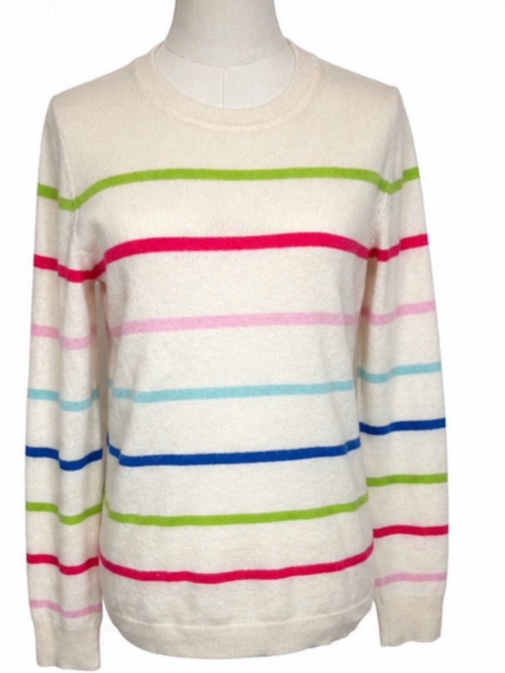 Cynthia Rowley 100% 2-Ply Cashmere Striped Crewneck Sweater Cream Multicolor M